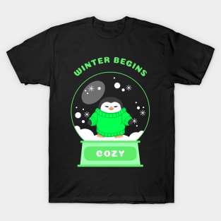 Winter Begins Cozy Penguin (Green) T-Shirt